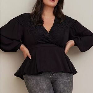 torrid Black Lace-Trim Peplum Wrap Blouse